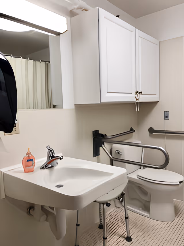 Accessible bathroom with a wall-mounted sink, mirror and cabinet, grab bars, toilet and shower curtain.