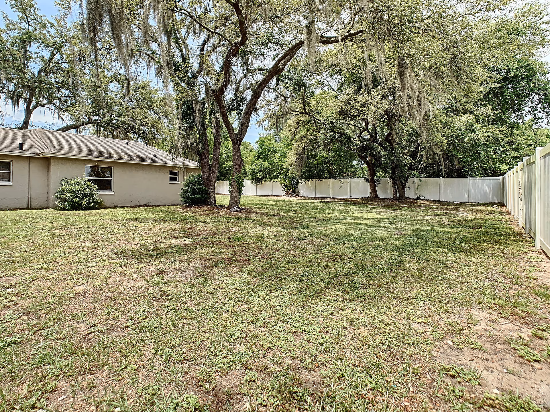 A grassy backyard area with several large trees draped with Spanish moss, a beige building on the left side, and a white privacy fence enclosing the yard on the right and back sides under a partly cloudy sky.