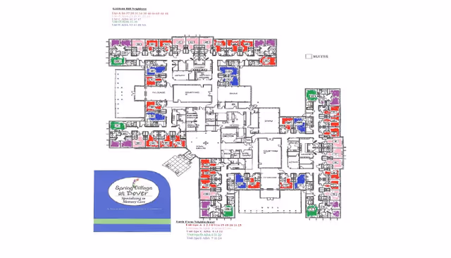 Colored architectural floor plan of Spring Village at Dover with a legend and facility logo in the lower-left.
