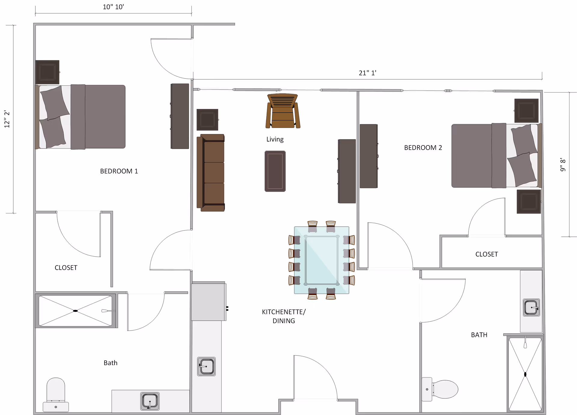 Floor plan of a senior living unit at The Phoenix at Hammond showing two bedrooms, two bathrooms, a kitchenette/dining area with a table and chairs, and a living area with a sofa, chair, and coffee table.
