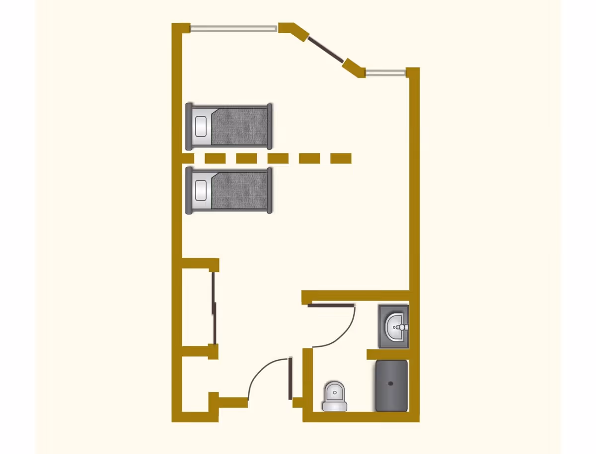 Floor plan of a room at Peters Creek Retirement Center showing two single beds, a bathroom with a toilet, sink, and shower, and an entry door.