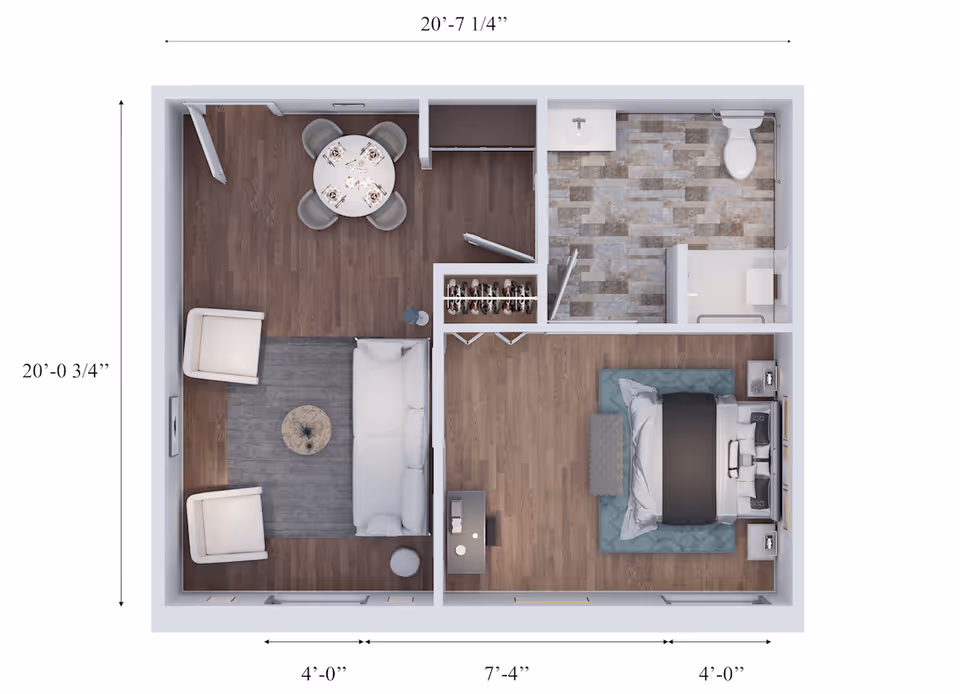 Top-down floor plan of a senior living unit showing a living room with sofa and two chairs, a dining area with a round table and four chairs, a bedroom with a bed, nightstands, and a bench, and a bathroom with a toilet, sink, and shower. Dimensions of the rooms and overall layout are labeled.