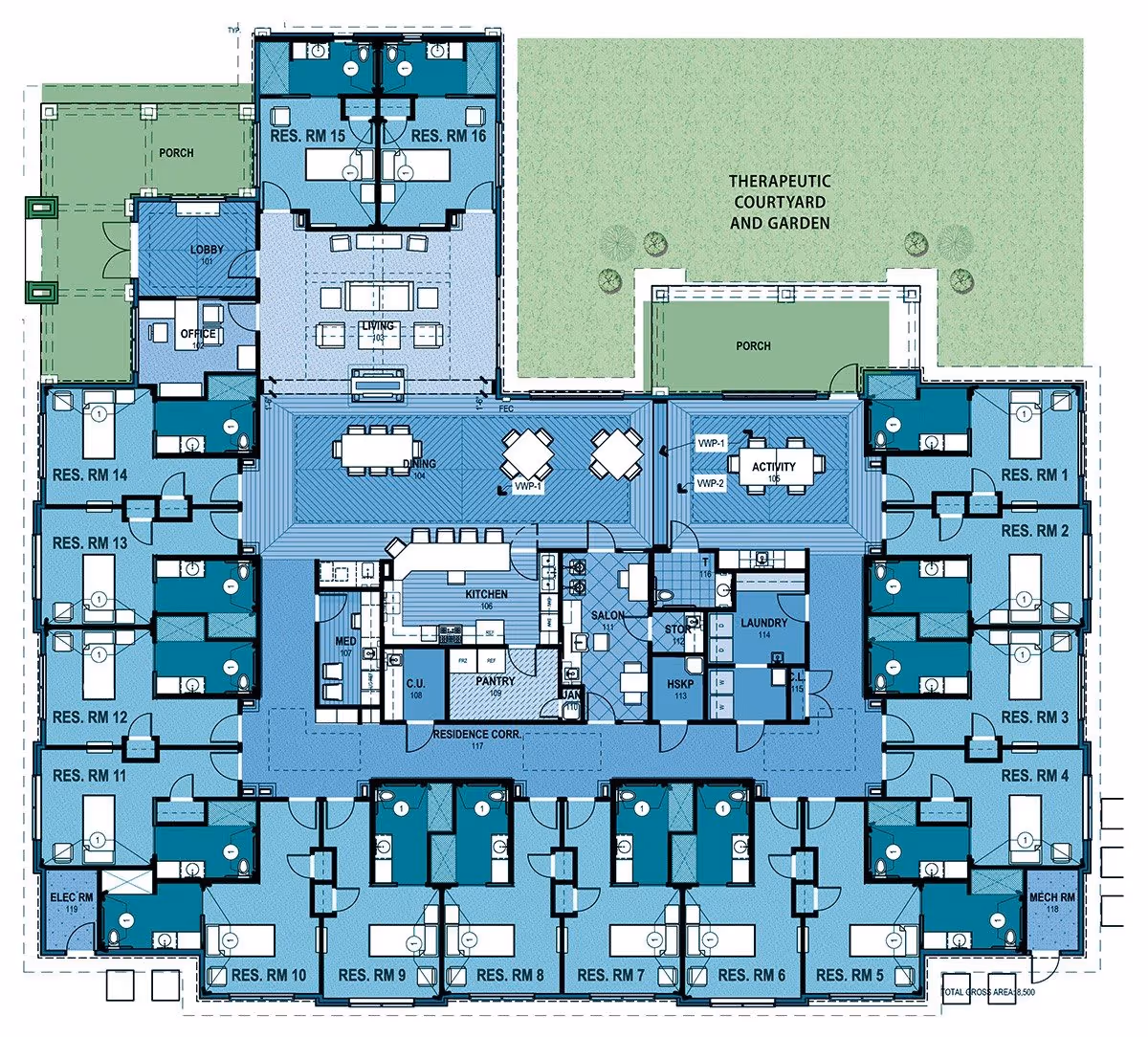 Architectural floor plan of Mercy House Living Springs showing residential rooms, common areas including living room, dining room, kitchen, activity room, laundry, and therapeutic courtyard and garden.
