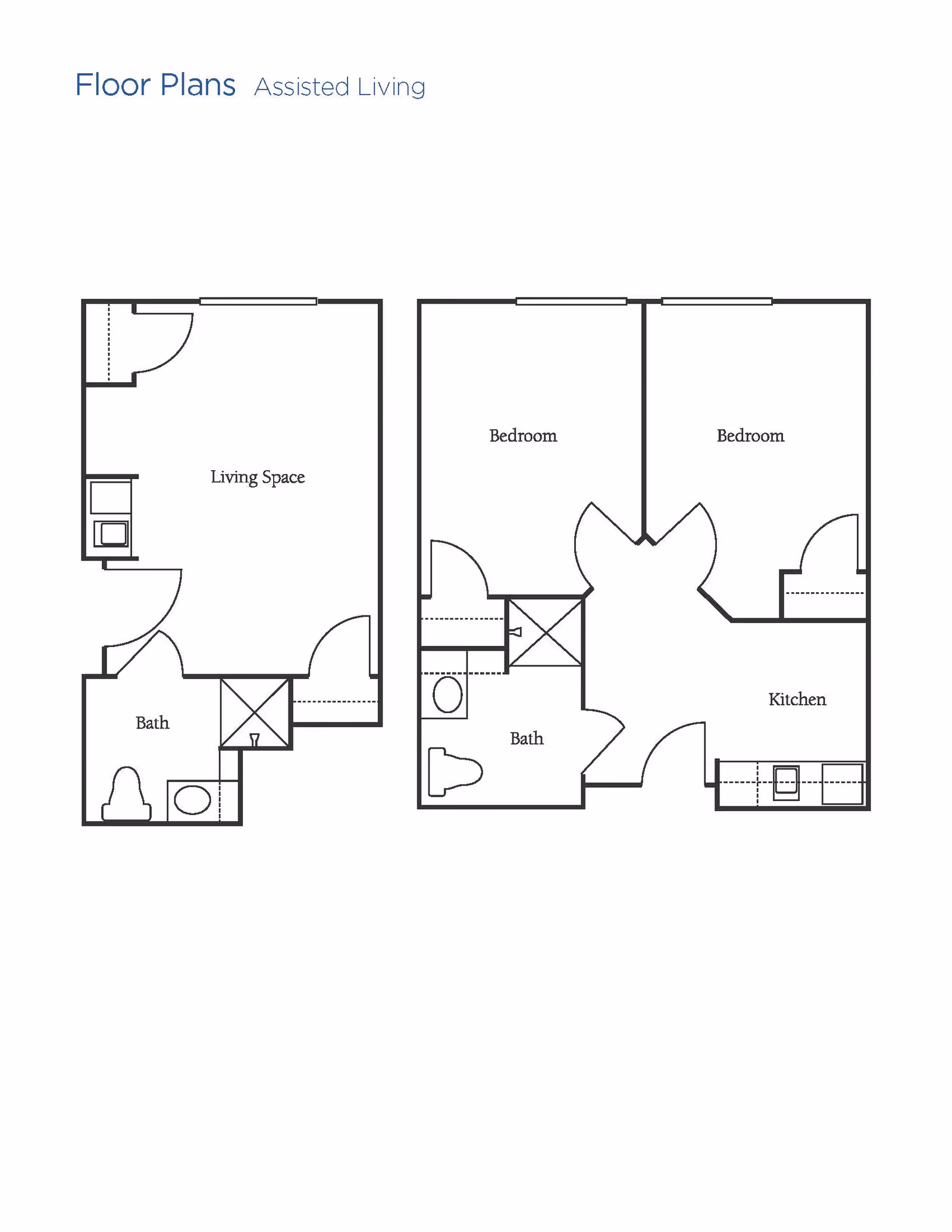 Floor plans for assisted living showing two layouts. The first layout includes a living space and a bathroom. The second layout includes two bedrooms, a kitchen, and a bathroom.