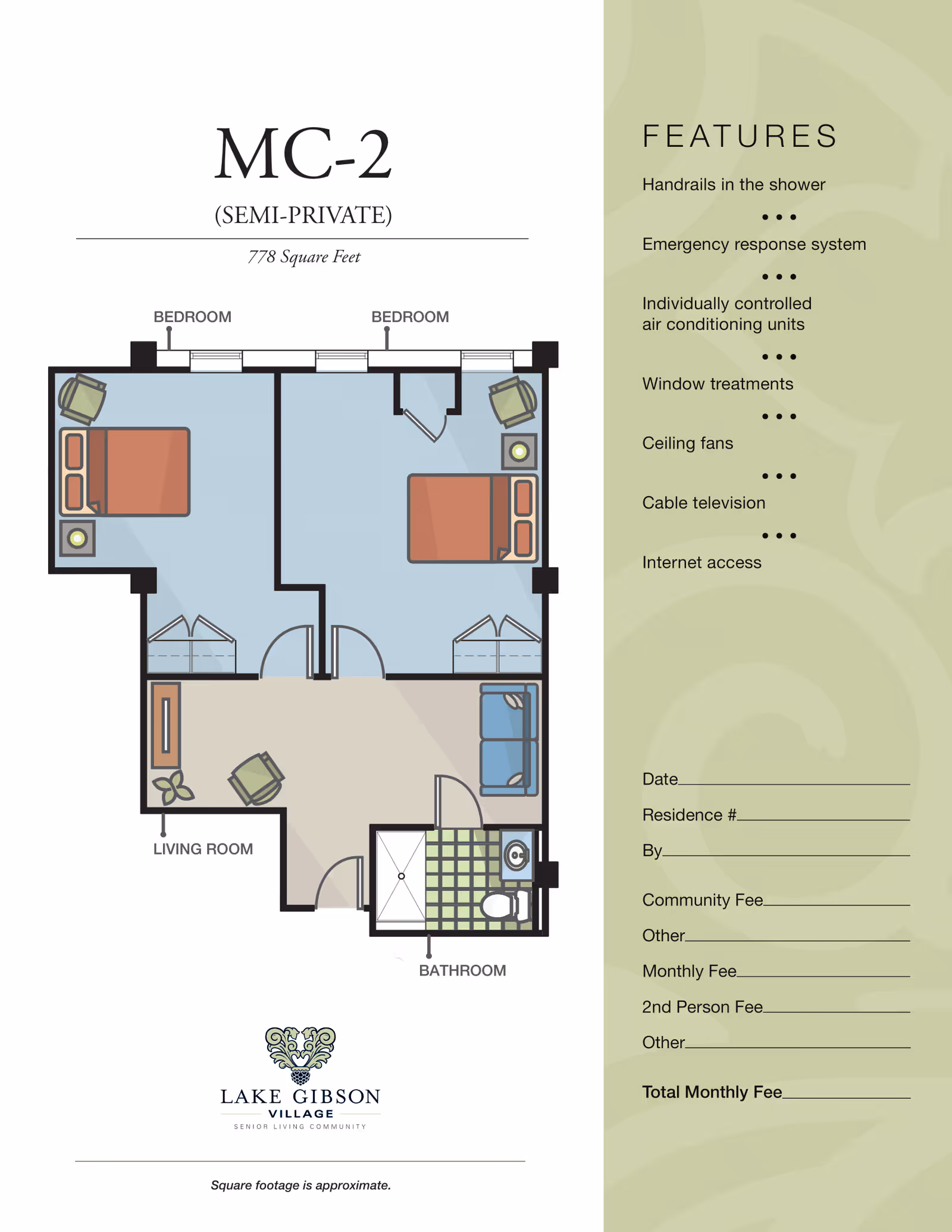 Floor plan of a semi-private living unit MC-2 at Lake Gibson Village showing two bedrooms, a living room, and a bathroom. The layout includes furniture such as beds, chairs, and a sofa. Features listed include handrails in the shower, emergency response system, individually controlled air conditioning units, window treatments, ceiling fans, cable television, and internet access. There is space for filling in fees and residence information on the right side.
