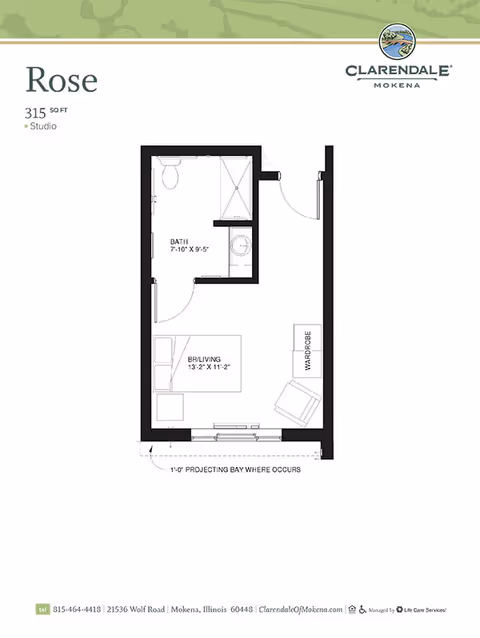 Floor plan of a studio apartment named Rose at Clarendale of Mokena, showing a combined bedroom and living area measuring 13 feet 2 inches by 11 feet 2 inches, a bathroom measuring 7 feet 10 inches by 9 feet 5 inches, and a wardrobe. The total area is 315 square feet.