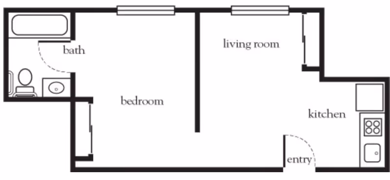 A black and white architectural floor plan of a senior living unit at Burlingame Senior Living, showing a bedroom, bath with bathtub, toilet and sink, living room, kitchen with stove and sink, and an entry door.