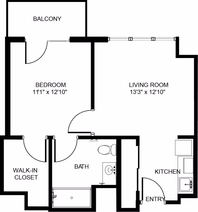 Floor plan of a one-bedroom apartment at Atria At Foster Square showing a bedroom with a walk-in closet and balcony, a bathroom, a living room, a kitchen, and an entry area.