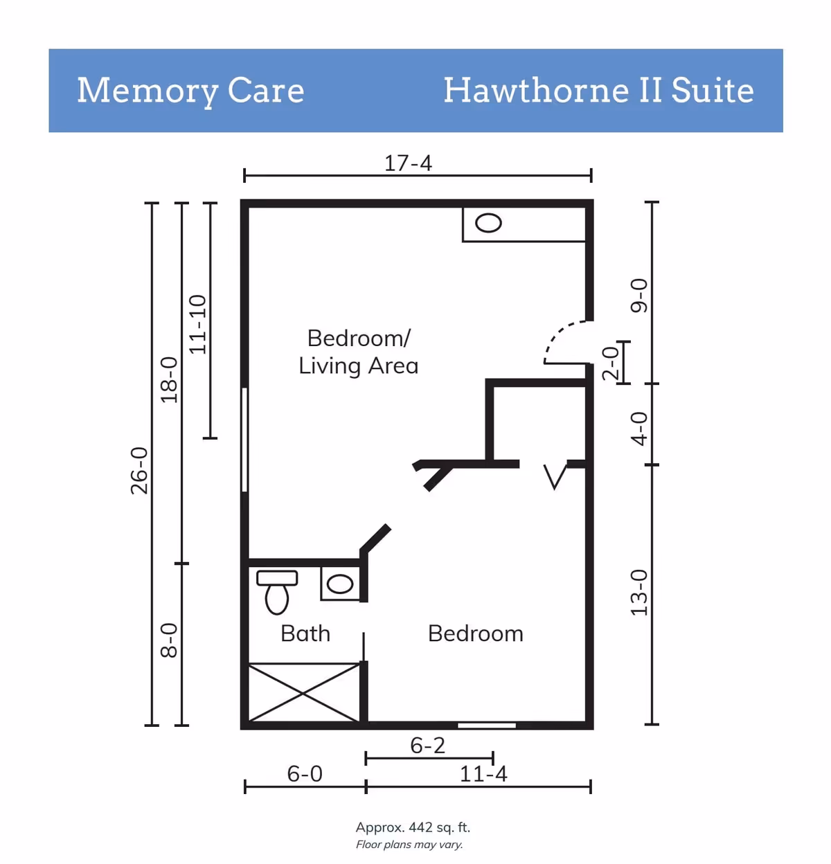 Floor plan of the Memory Care Hawthorne II Suite showing a combined bedroom and living area, a separate bedroom, and a bathroom. Dimensions and approximate total area of 442 square feet are included.