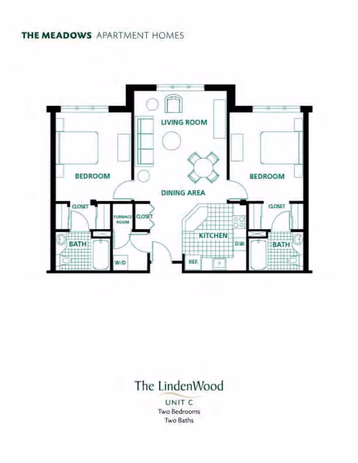Floor plan of The LindenWood Unit C at The Meadows Apartment Homes showing two bedrooms, two bathrooms, a living room, dining area, kitchen, closets, furnace room, and washer/dryer area.