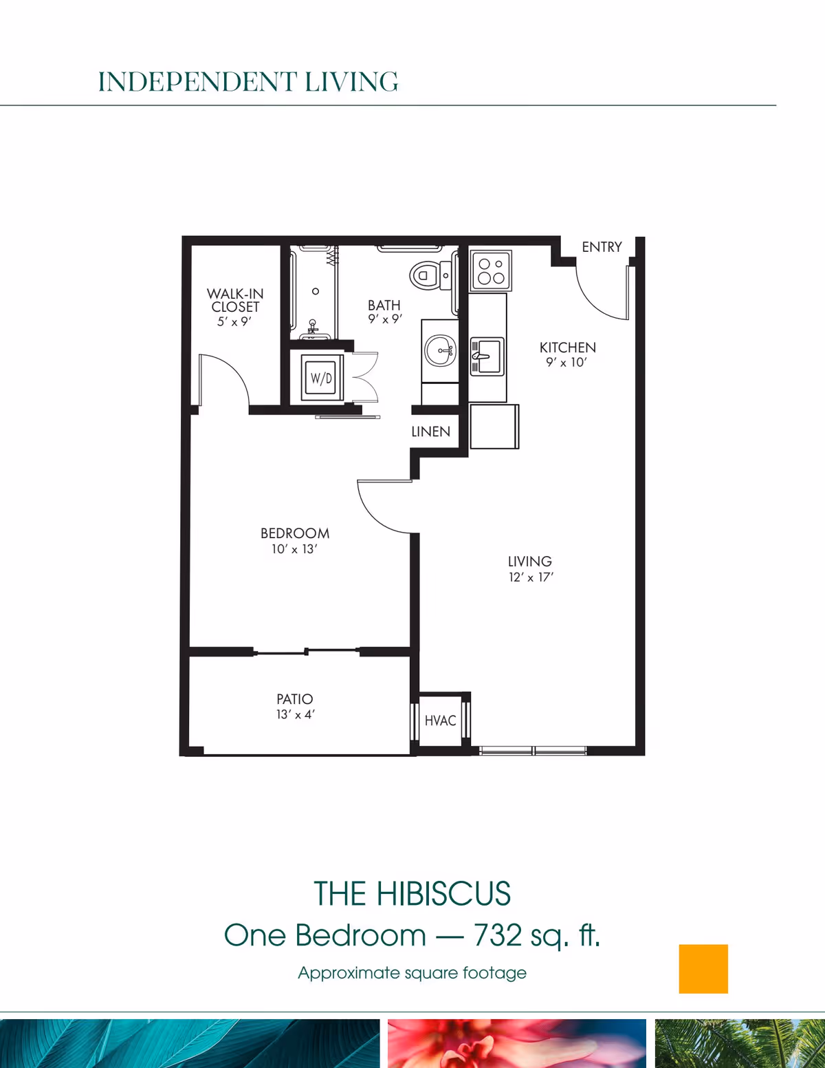 Floor plan of an independent living one-bedroom apartment named The Hibiscus, showing a bedroom, walk-in closet, bathroom, kitchen, living room, patio, and HVAC area with approximate dimensions and total area of 732 square feet.