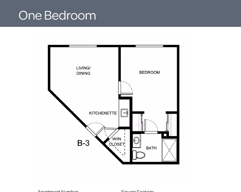 Floor plan layout of a one-bedroom apartment labeled B-3, showing a living/dining area, kitchenette, walk-in closet, bedroom, and bathroom with a shower and toilet.
