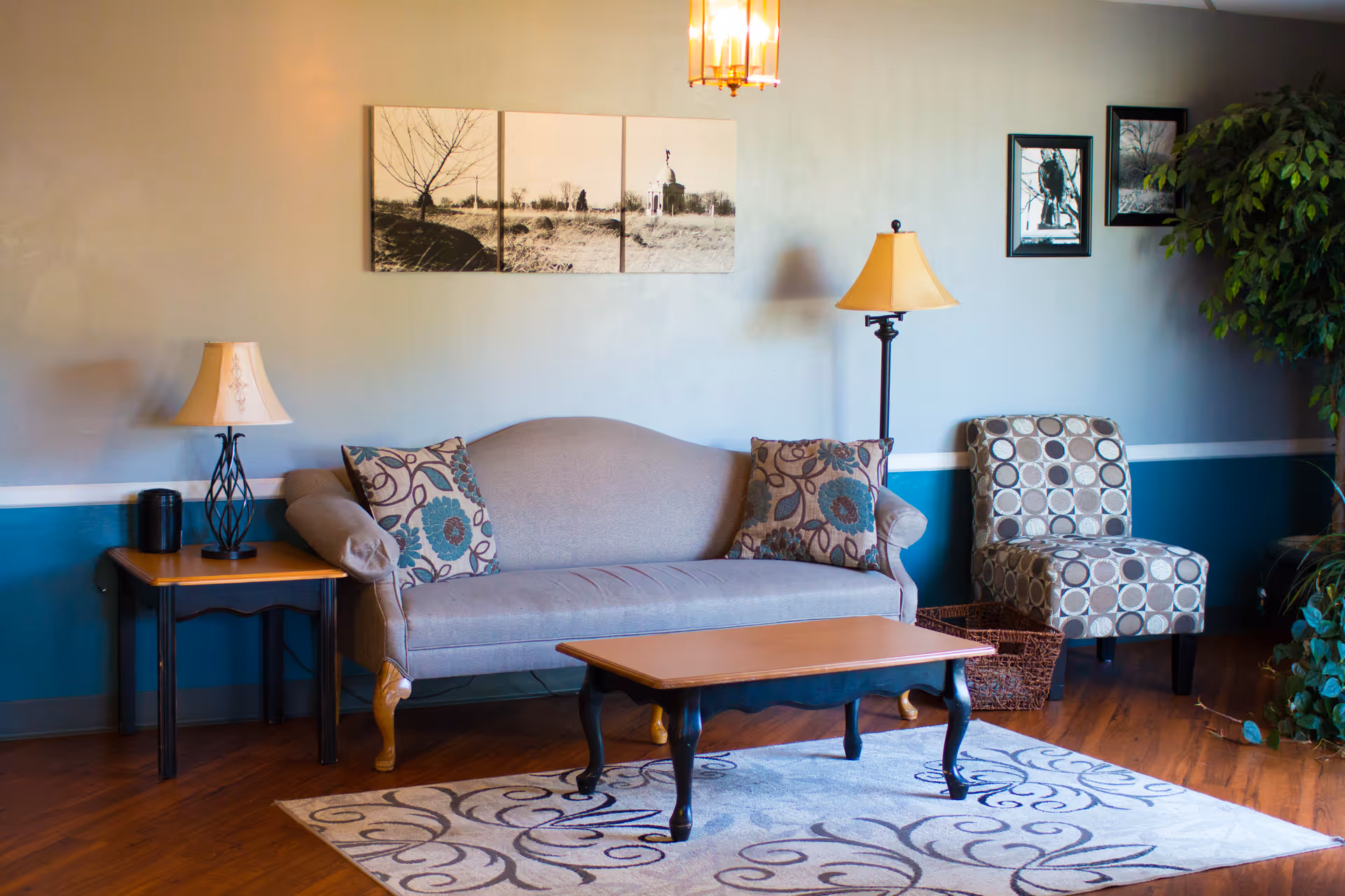 A cozy living room with a gray upholstered sofa adorned with two patterned cushions, a wooden coffee table with black legs, a side table with a decorative lamp, a patterned accent chair, framed black and white pictures on the wall, a large potted plant, and a light-colored rug with a swirling design on a wooden floor.