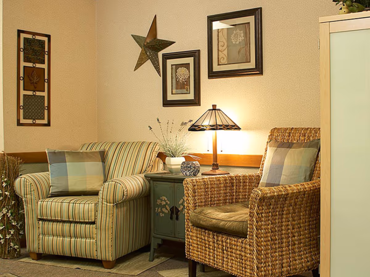 A cozy seating area with a striped armchair and a wicker armchair, each with a plaid cushion. Between them is a small green side table with a decorative lamp, a small vase, and a potted plant. The wall behind features framed floral artwork and a decorative metal star.