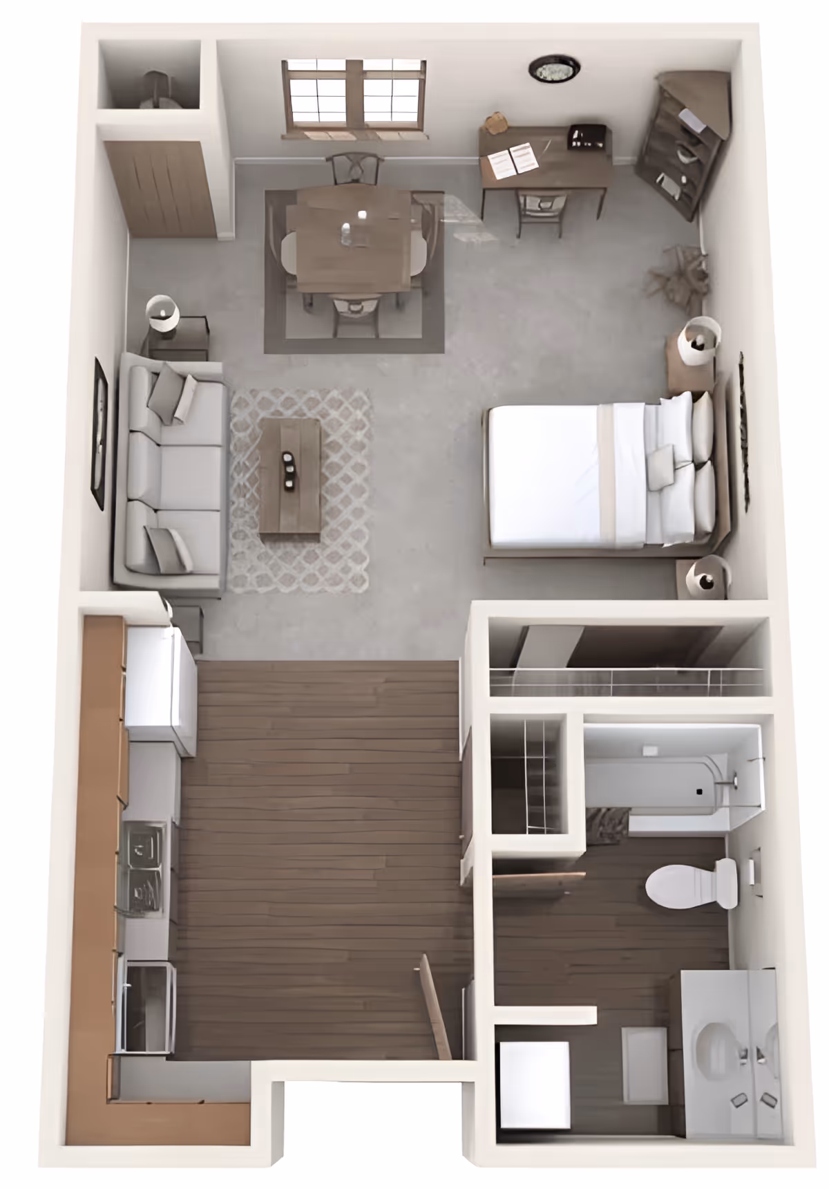 Top-down view of a senior living apartment floor plan featuring a combined living and bedroom area with a bed, sofa, coffee table, dining table with chairs, desk, and bookshelf. The kitchen area has wooden flooring and includes appliances and cabinets. The bathroom has a shower, toilet, and double sink vanity.