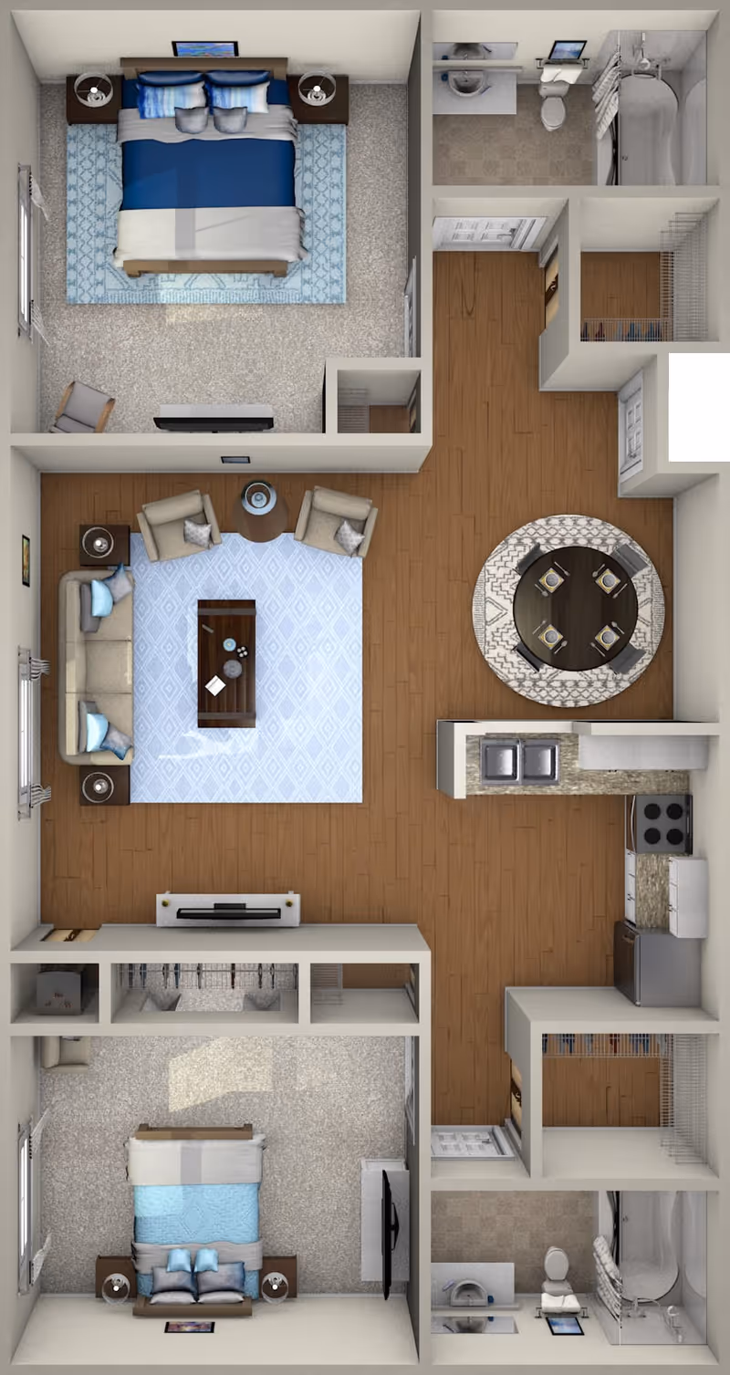Top-down view of a two-bedroom apartment floor plan at Spring Haven, featuring two bedrooms with beds and nightstands, a living room with sofa, chairs, and coffee table, a dining area with a round table and four chairs, a kitchen with appliances and sink, and two bathrooms each with a sink, toilet, and bathtub.
