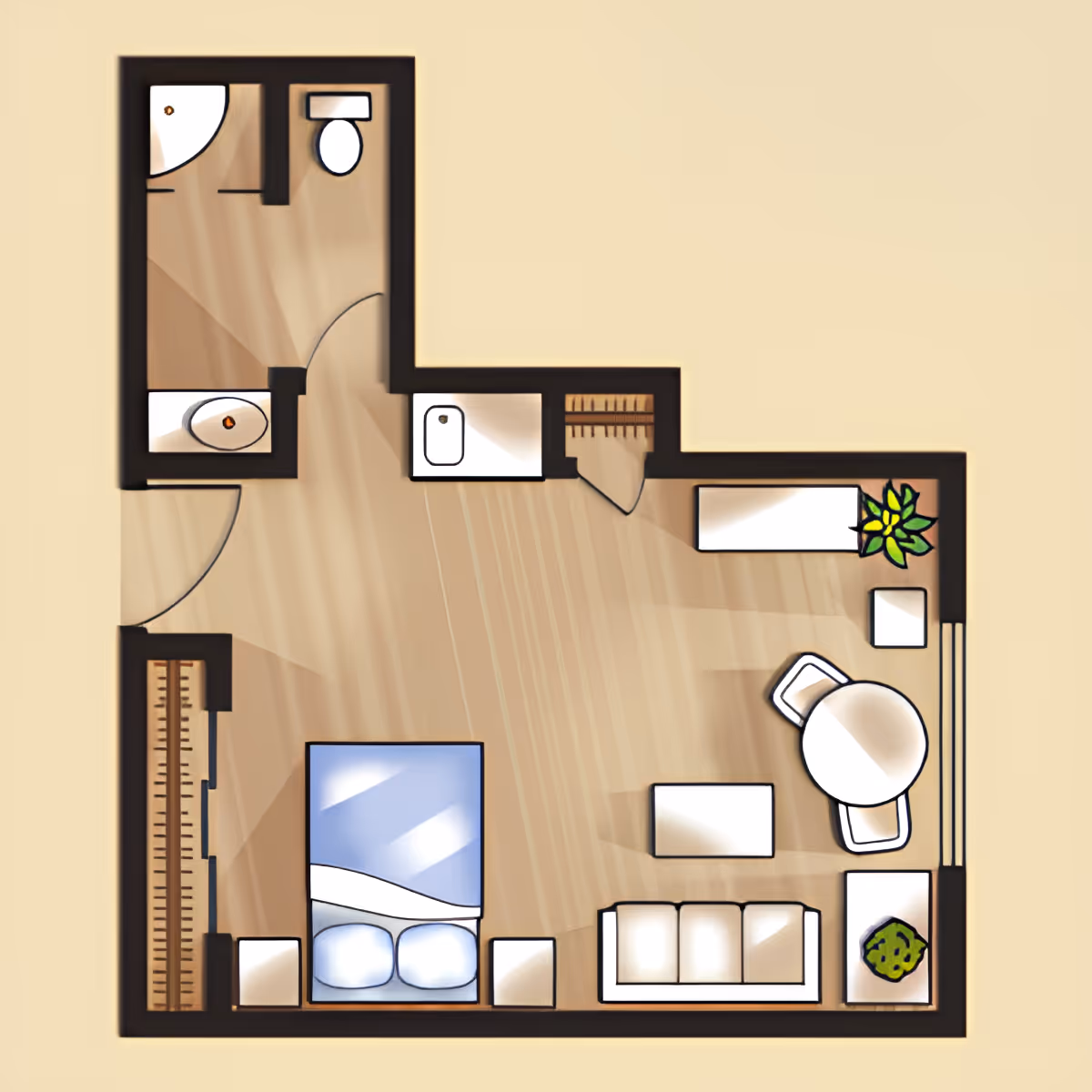 Floor plan of a studio apartment at Fred Lind Manor showing a combined living and sleeping area with a bed, sofa, coffee table, round dining table with two chairs, a small desk with a plant, and a bathroom with a shower, toilet, and sink.