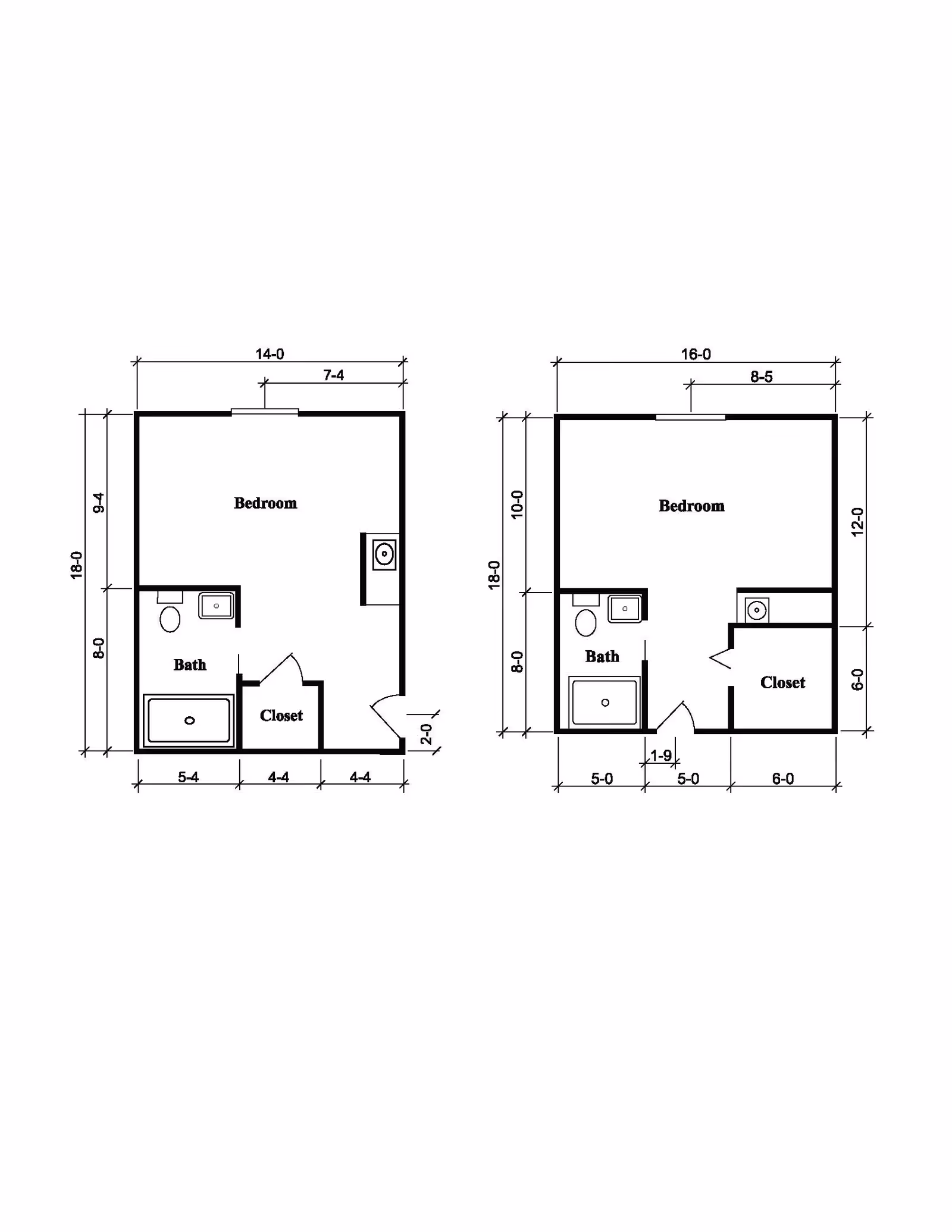 Architectural floor plans showing two different bedroom layouts, each with a bedroom, bath, and closet, including measurements in feet and inches.
