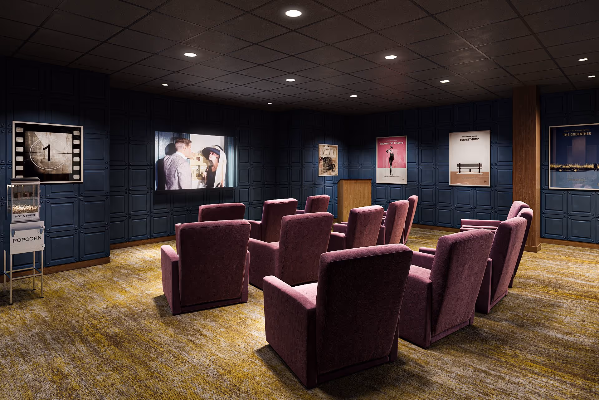 Small private movie theater with rows of plush purple recliners facing a screen, movie posters on dark paneled walls, and a popcorn machine.
