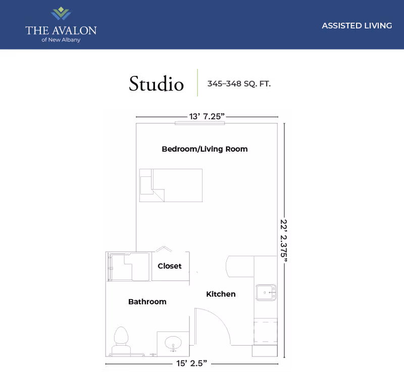 Floor plan of an assisted living unit at The Avalon of New Albany showing a combined Bedroom/Living Room, Kitchen, Bathroom, and Closet with dimensions.