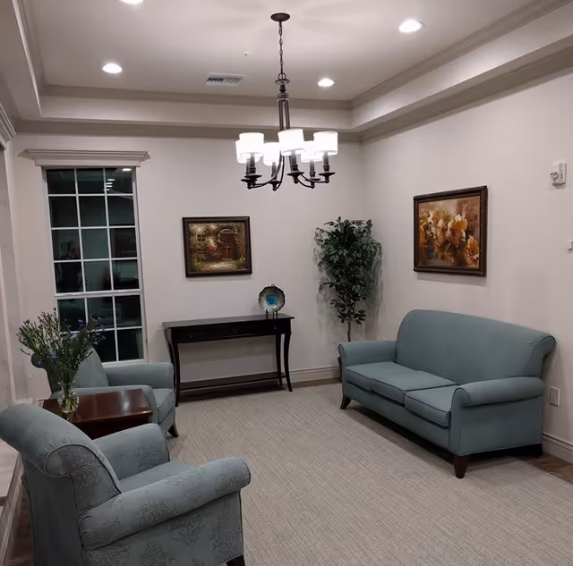 A cozy living room with two light blue armchairs and a matching sofa arranged around a beige carpet. There is a small wooden side table with a vase of flowers next to one armchair. A black console table with decorative items is placed against the wall between two framed paintings. A tall green plant stands in the corner, and a chandelier with multiple lights hangs from the ceiling.