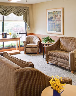 A cozy living room area with two brown patterned sofas and a matching armchair. A small round table with a blue vase holding yellow flowers is in the foreground. A side table with a green plant is next to the armchair. A framed abstract painting hangs on the beige wall. A window with a green valance lets in natural light, and a wooden console table beneath the window holds books and a small plant.