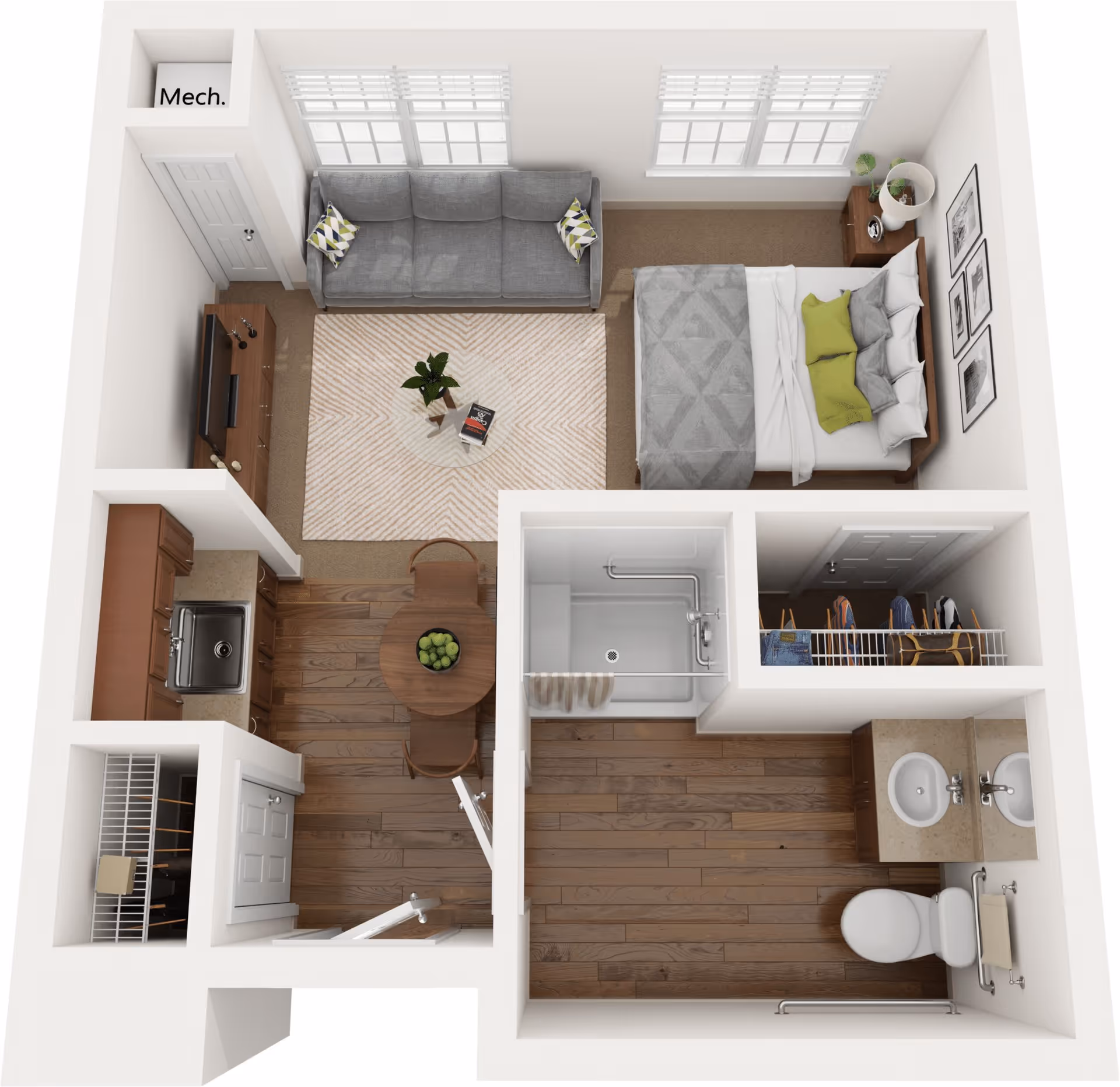 3D floor plan of a small apartment featuring a combined living and bedroom area with a gray sofa, a bed with green and gray pillows, a small round dining table with two chairs, a kitchen with a sink and cabinets, a bathroom with a toilet, sink, and shower, and a closet space.