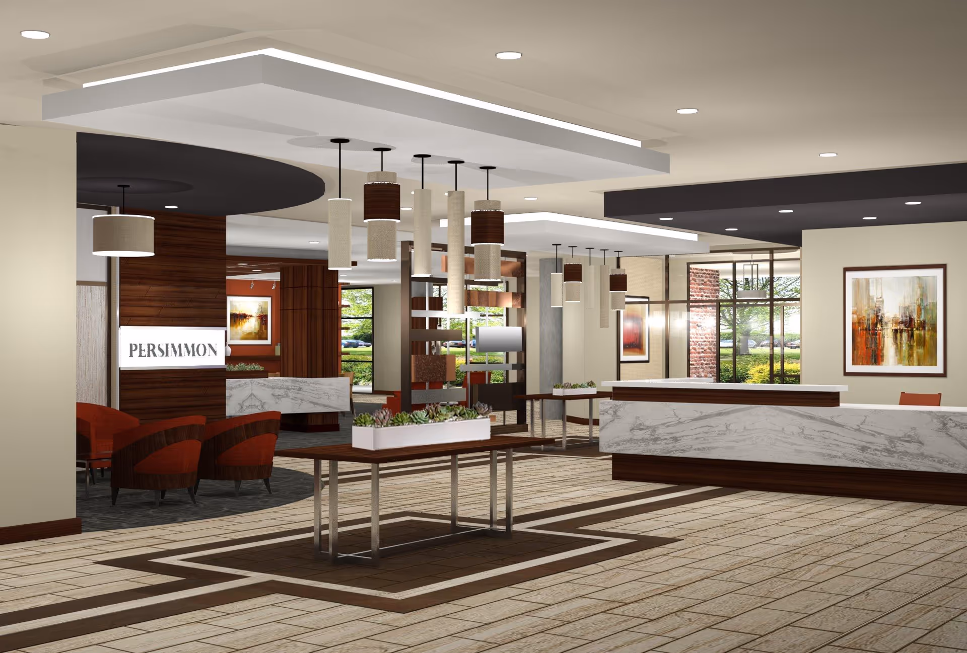 Modern senior living lobby with a marble reception desk, pendant lights, seating area and a sign reading "PERSIMMON".