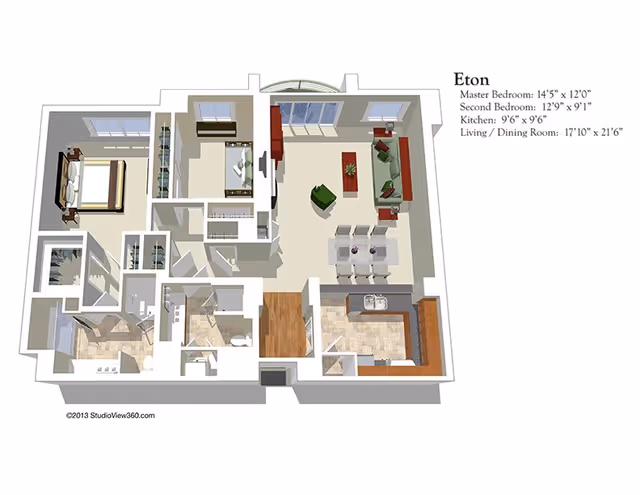 3D floor plan of an apartment named Eton showing a master bedroom, second bedroom, kitchen, living and dining room. The master bedroom has a large bed and two nightstands. The second bedroom has a single bed and a desk. The kitchen includes a sink and counter space. The living and dining room area has a dining table with six chairs, a sofa, armchair, coffee table, and TV stand. The floor plan includes measurements for each room.