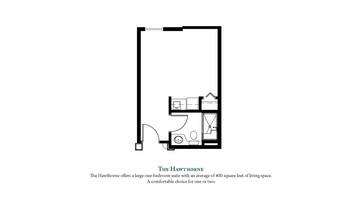 Floor plan of The Hawthorne, a large one-bedroom suite with an average of 400 square feet of living space, including a bathroom and kitchenette area.