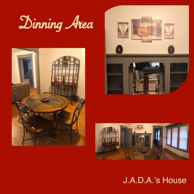 Collage of images of a dining area featuring a round wooden table with four metal chairs, a hutch and wall art.
