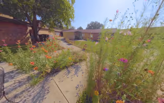 Sunny courtyard with a paved walkway, colorful flowerbeds and single-story brick buildings in the background.