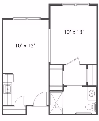 Black and white architectural floor plan showing a layout with a 10 by 12 feet room, a 10 by 13 feet room, a bathroom with a toilet and sink, and a small kitchen area with a sink.