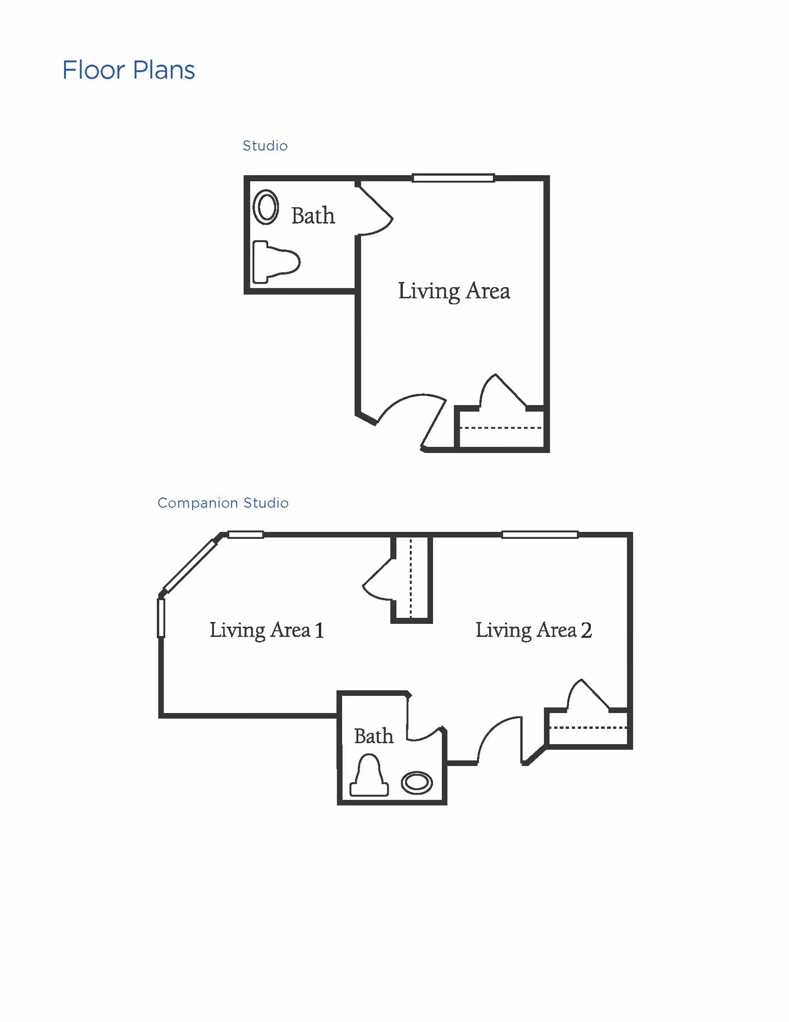 Floor plans for Brookdale Portage Memory Care showing a Studio layout with a bath and living area, and a Companion Studio layout with two living areas and a bath.