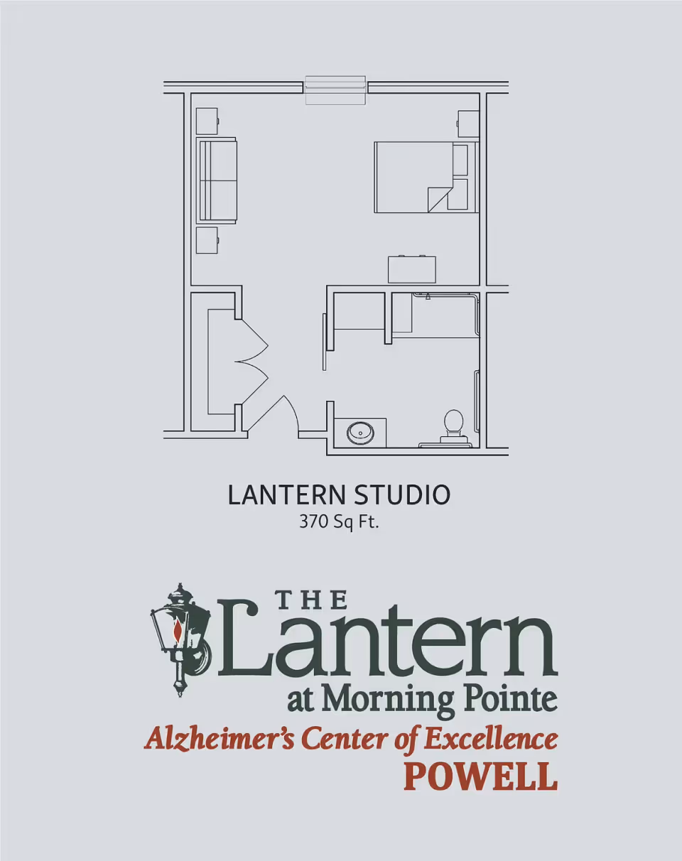 Architectural floor plan of a Lantern Studio apartment measuring 370 square feet, showing a layout with a bedroom area, living space, bathroom with toilet and sink, and entryway.