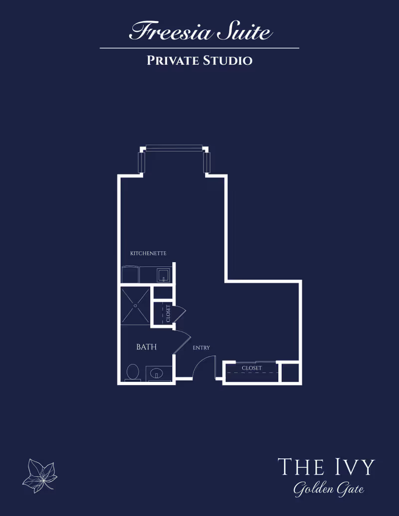 Floor plan of the Freesia Suite private studio at The Ivy at Golden Gate, showing an entry area, a bath with toilet and sink, a kitchenette, two closets, and a main living space.