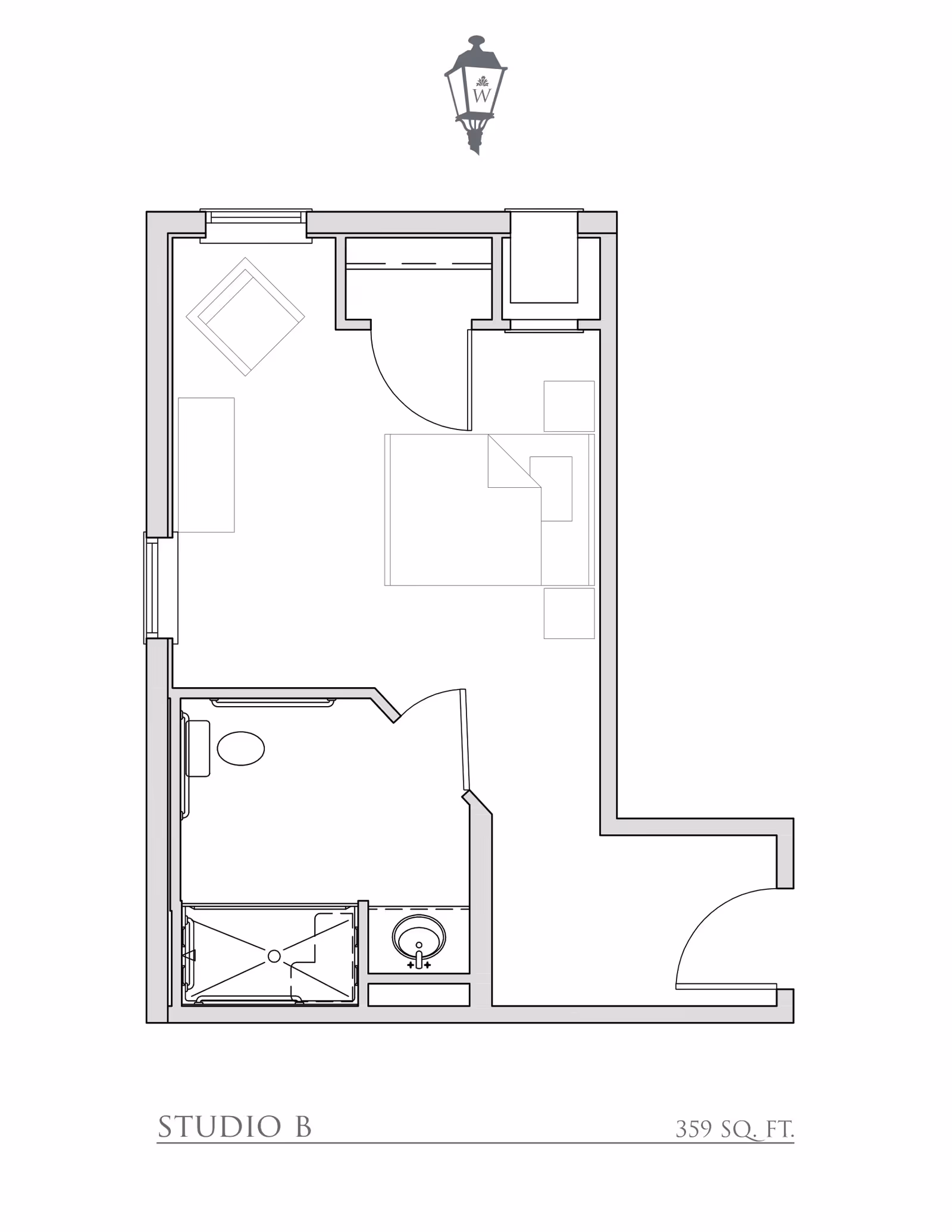 Architectural floor plan of a studio apartment labeled Studio B with 359 square feet, showing a combined living and sleeping area with a bed, chair, and table, a bathroom with a shower, toilet, and sink, and an entryway.