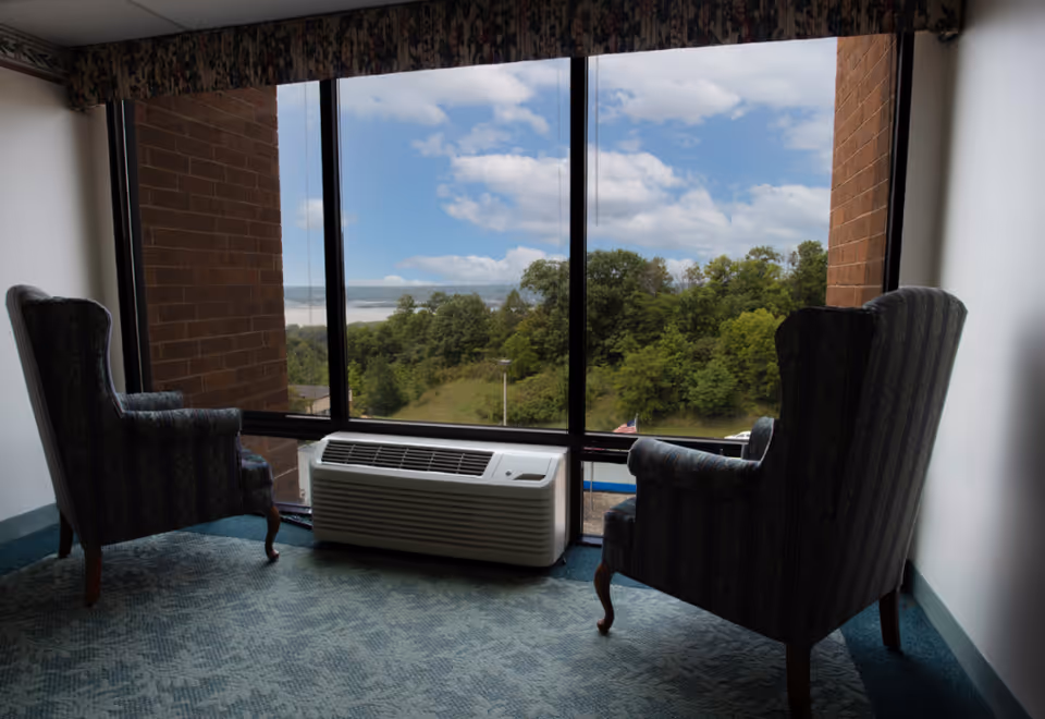 Two upholstered armchairs facing a large window with a view of trees, a river, and a partly cloudy sky. Below the window is a white air conditioning unit. The room has patterned carpet and white walls with a floral valance above the window.