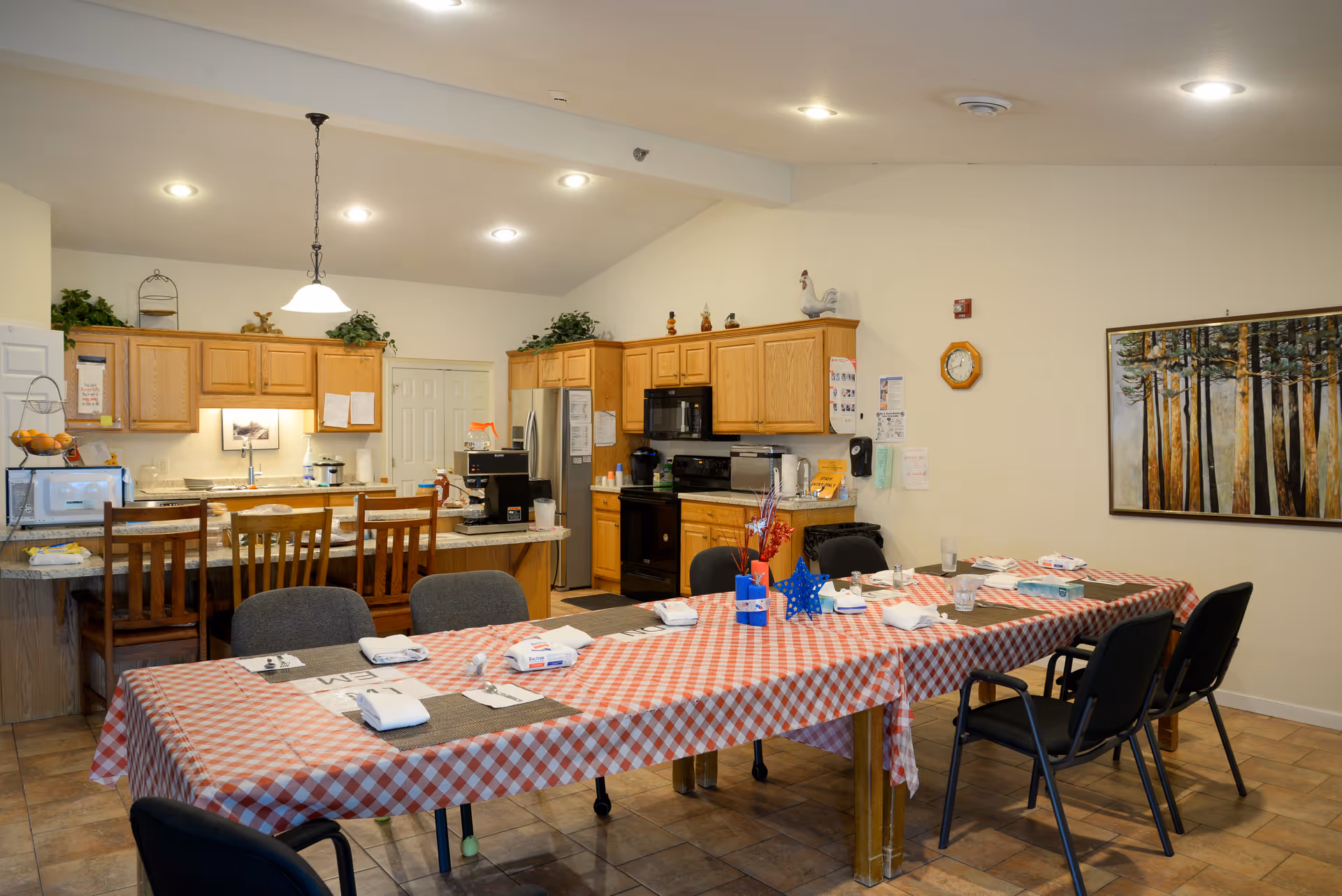 A communal dining area with a long table covered in a red and white checkered tablecloth, set with napkins, utensils, and glasses. The room includes a kitchen area in the background with wooden cabinets, a refrigerator, microwave, and coffee maker. There are chairs around the table and bar stools at the kitchen counter. The walls are decorated with a clock and a painting of trees.