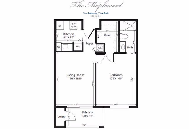 Black-and-white floor plan for a one-bedroom, one-bath unit showing a kitchen, living room, bedroom, bathroom, foyer, closet, and balcony.