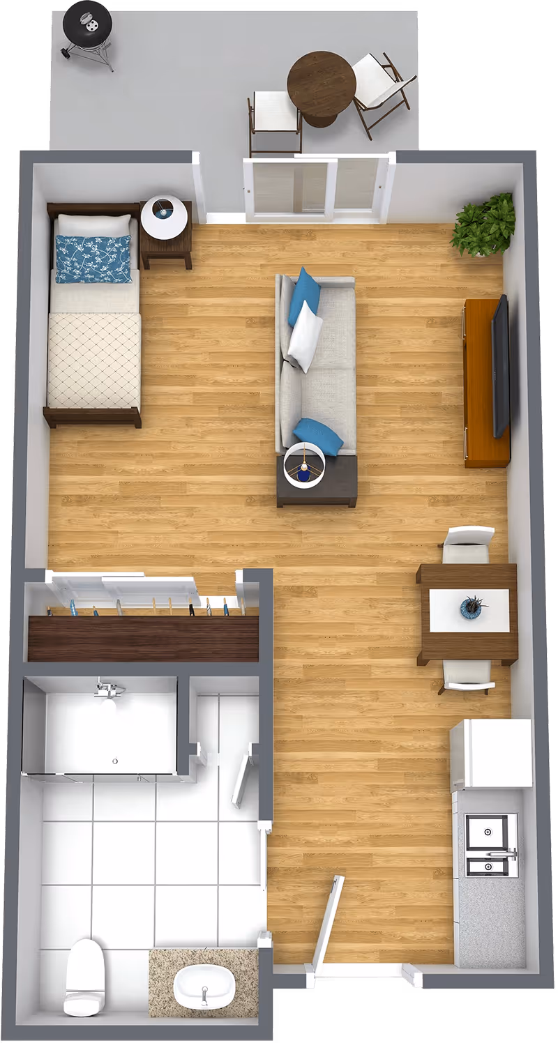 Top-down view of a small apartment floor plan featuring a bedroom area with a single bed and nightstand, a living area with a sofa and TV, a dining table with two chairs, a kitchen with a sink and refrigerator, and a bathroom with a toilet, sink, and shower. There is also a small outdoor patio with a round table, two chairs, and a grill.