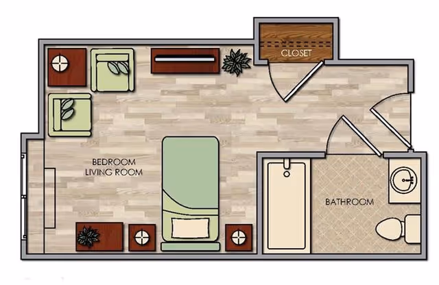 Floor plan of a senior living facility unit at Cottages at Palm Springs showing a combined bedroom and living room area with a bed, two chairs, a TV stand, side tables, and plants. There is a closet near the entrance and a bathroom with a bathtub, toilet, and sink.