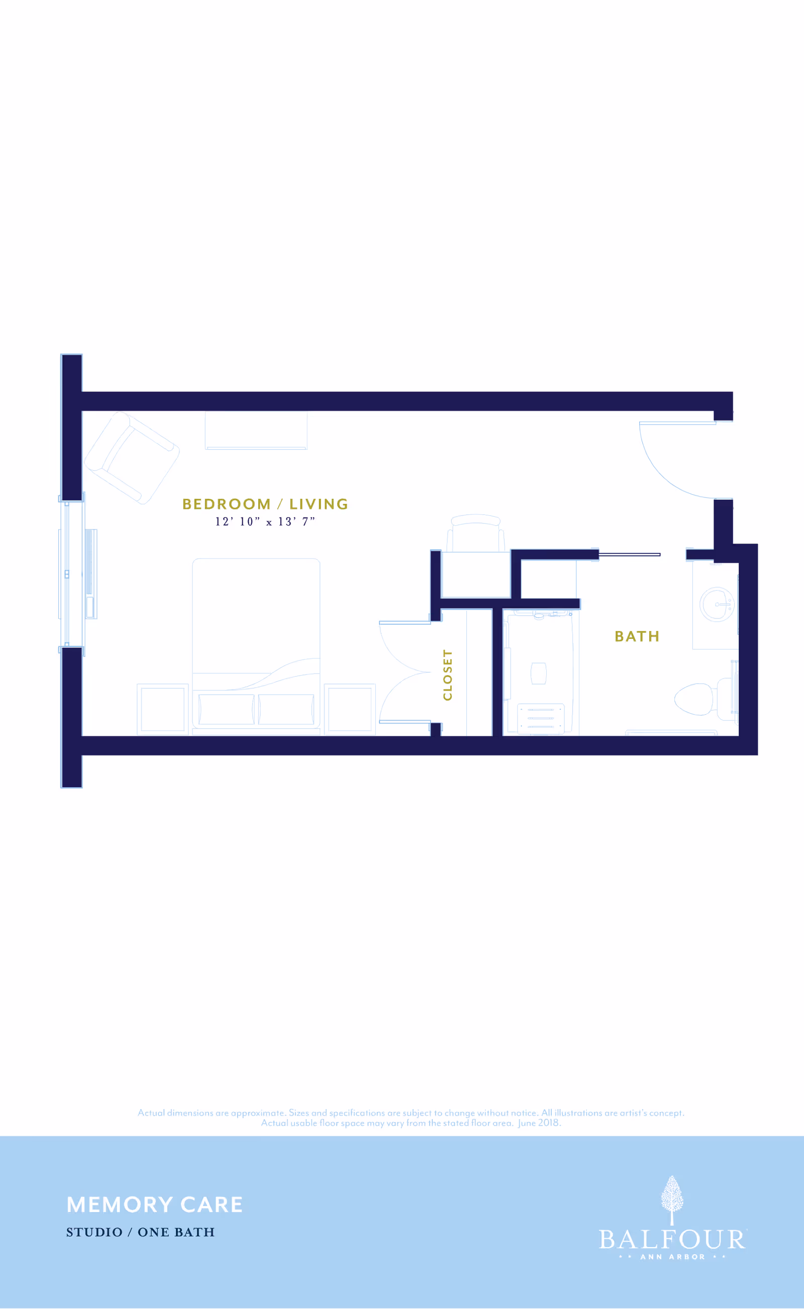 Floor plan of a memory care studio apartment with one bath at Balfour Ann Arbor. The layout includes a combined bedroom and living area measuring 12 feet 10 inches by 13 feet 7 inches, a closet, and a bathroom with a shower, toilet, and sink.