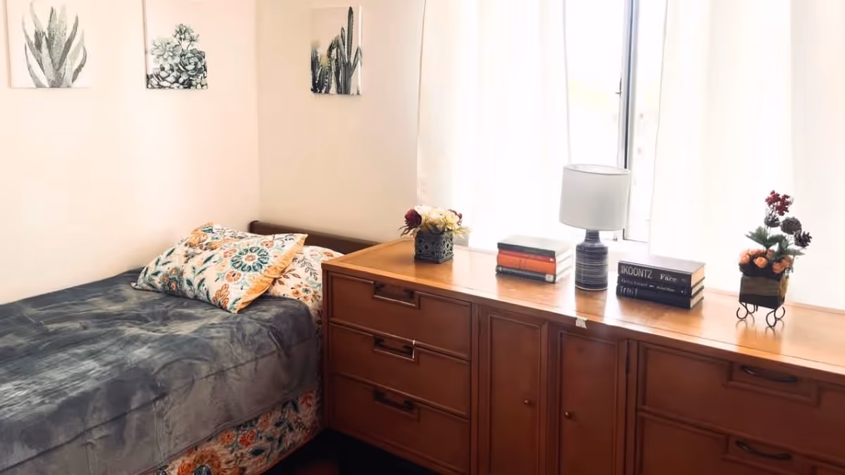 Simple bedroom with a single bed and patterned pillows beside a long wooden dresser under a bright window topped with a lamp, books, and flower arrangements, and small succulent wall art above the bed.