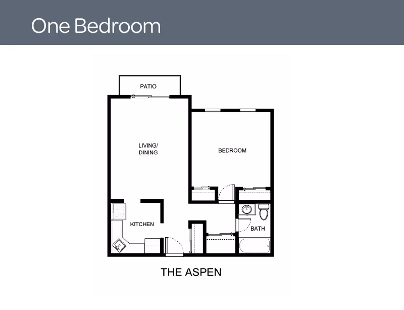 Floor plan labeled 'The Aspen' showing a one-bedroom apartment layout with a patio, living/dining area, kitchen, bedroom, and bathroom.