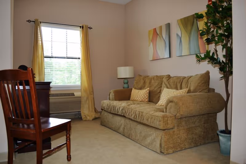 Cozy living room with a beige upholstered sofa, patterned throw pillows, a lamp, wall art, window with yellow curtains, a wooden chair, and a potted plant.