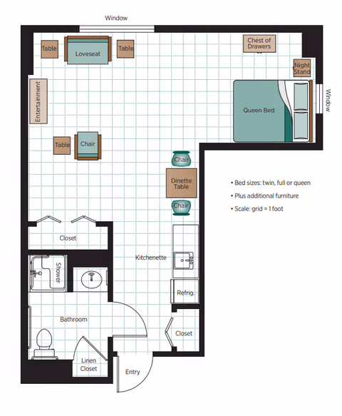 Floor plan of a senior living apartment at Belmont Village Senior Living West Lake Hills showing a queen bed in the bedroom area, a loveseat and chair in the living area, a dinette table with two chairs, a kitchenette with a refrigerator and sink, a bathroom with shower, toilet, and sink, closets, and windows.