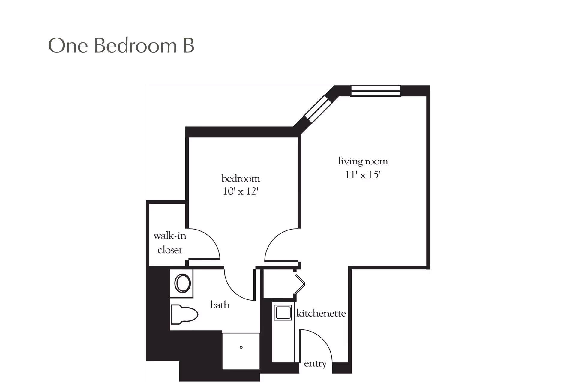 Black-and-white floor plan titled 'One Bedroom B' showing a 10' x 12' bedroom, 11' x 15' living room, kitchenette, bath, walk-in closet and entry.