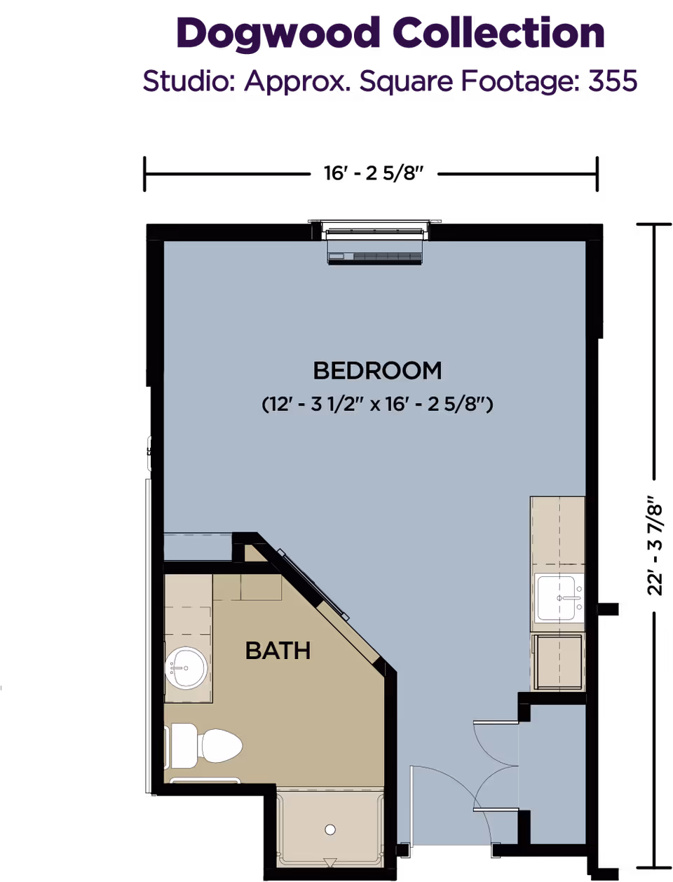 Studio floor plan labeled "Dogwood Collection" showing a large bedroom area, a bathroom, and a small kitchenette.
