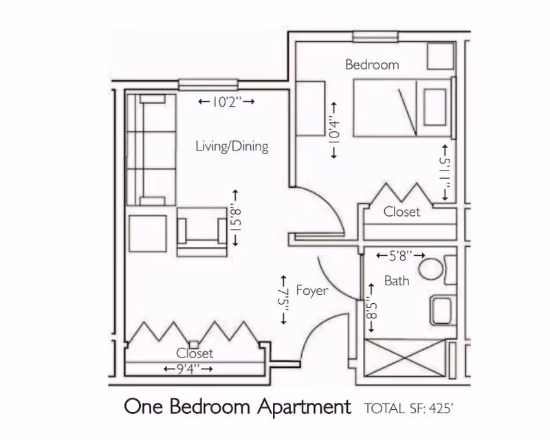 Floor plan of a one bedroom apartment showing a living/dining area, bedroom, bathroom, foyer, and two closets with dimensions labeled.